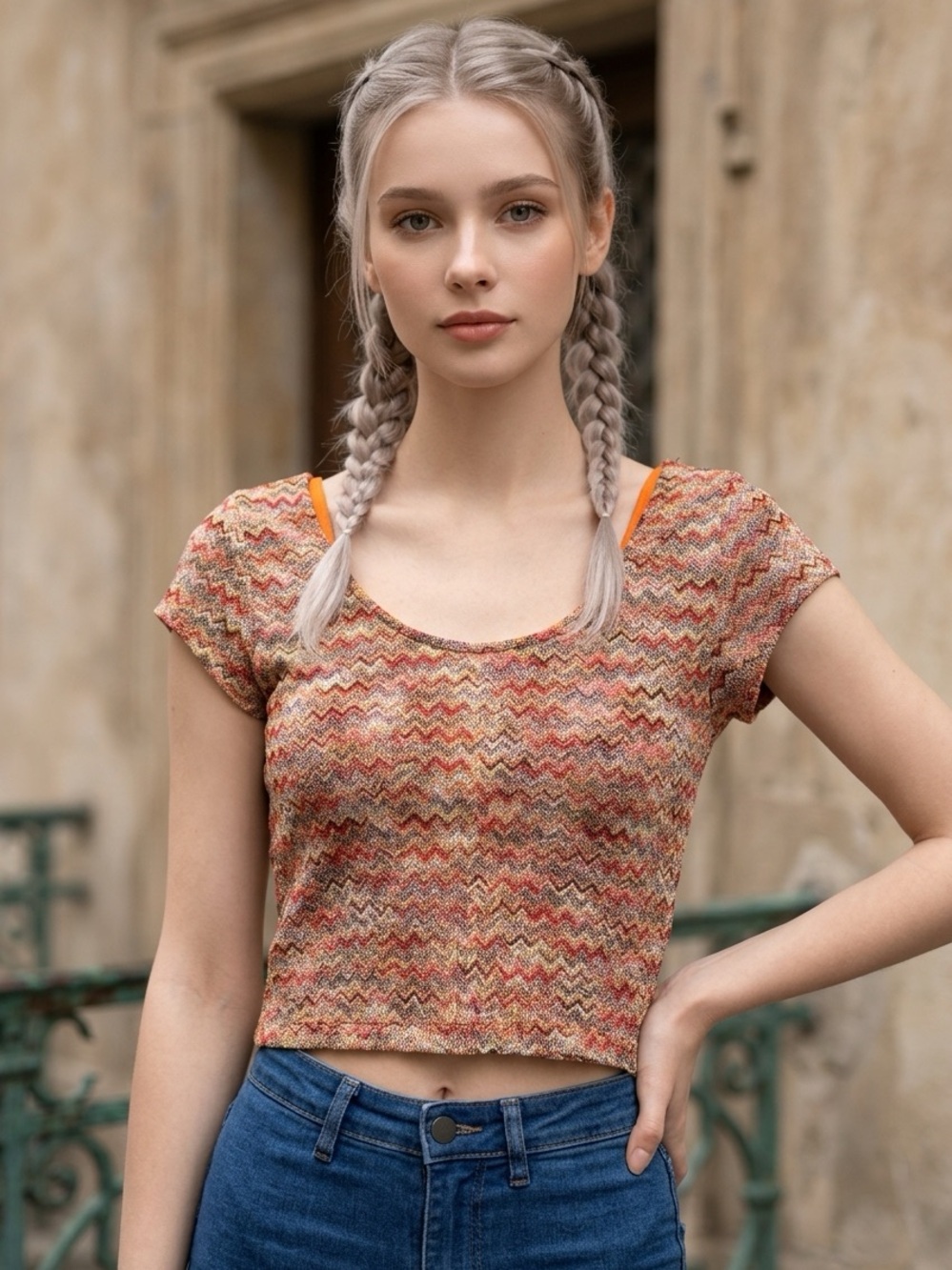 Dots Multicolor Orange Zigzag Crop Top